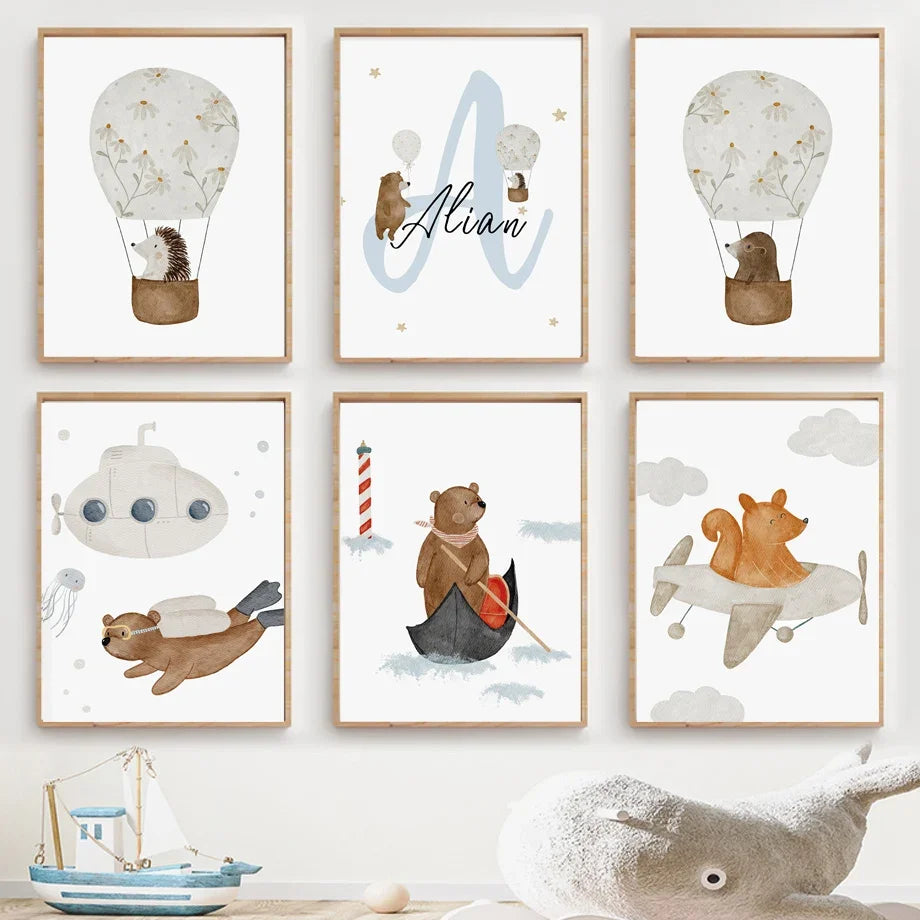 Boho Space Rocket Bear Mouse Hedgehog Custom Name Nursery Wall Art Children's Prints Posters Canvas Painting For Kids Room Decor | 1