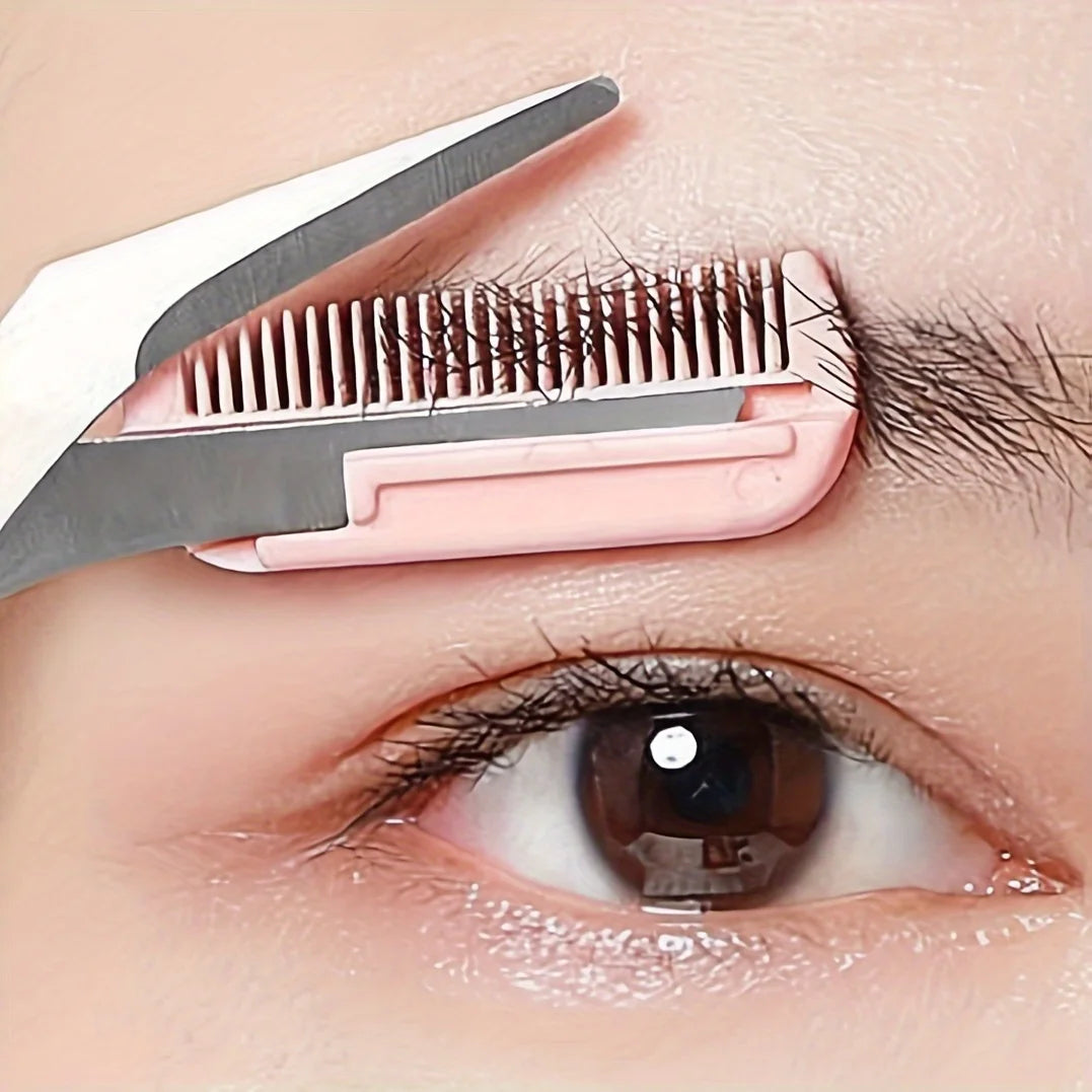 Pink eyebrow trimming scissors with built-in comb - stainless steel, precise grooming tool, creating perfect eyebrows | 0