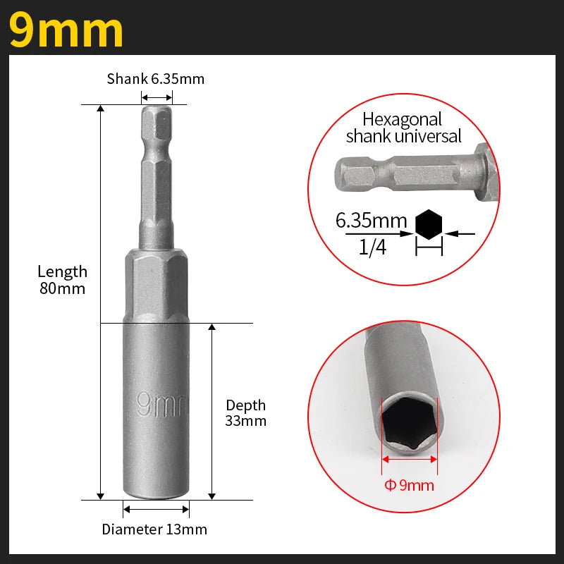 Length Deepen Impact Socket Adapter 5.5-19mm Power Nut Driver Socket Set 1/4-inch Hex Shank Screwdriver Key Head Hand Tool Set | Color:9mm
