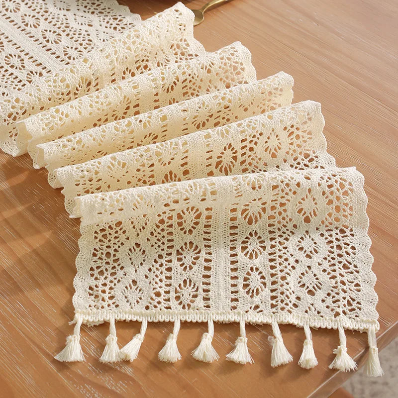 Boho Beige Table Runner, Vintage Farmhouse Bohemian Crochet Macrame Table Runner for Wedding Party Coffee Dining Table Decor | 0