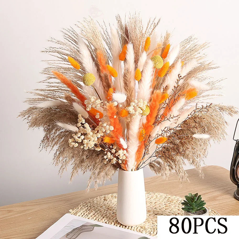 90Pcs Natural Fluffy Pampas Grass Bouquet Boho Home Accessories Fall Decoration Dried Flowers Orange Reeds Wedding Centerpieces | Color:Style E