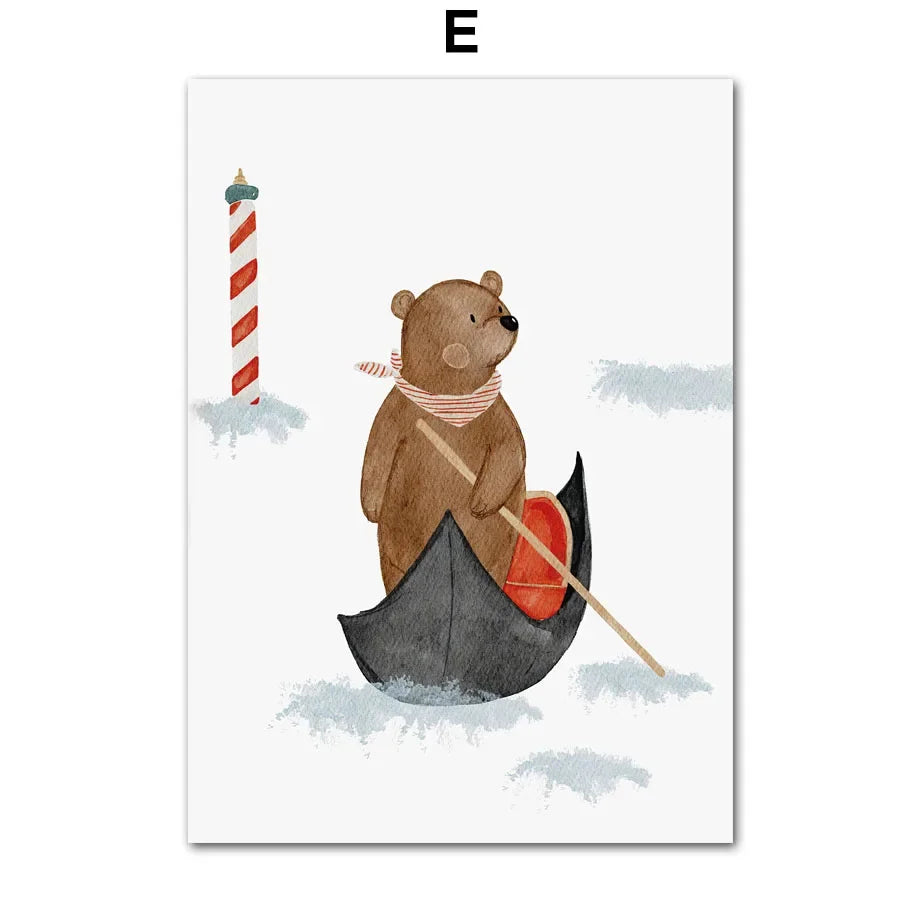 Boho Space Rocket Bear Mouse Hedgehog Custom Name Nursery Wall Art Children's Prints Posters Canvas Painting For Kids Room Decor | Color:E