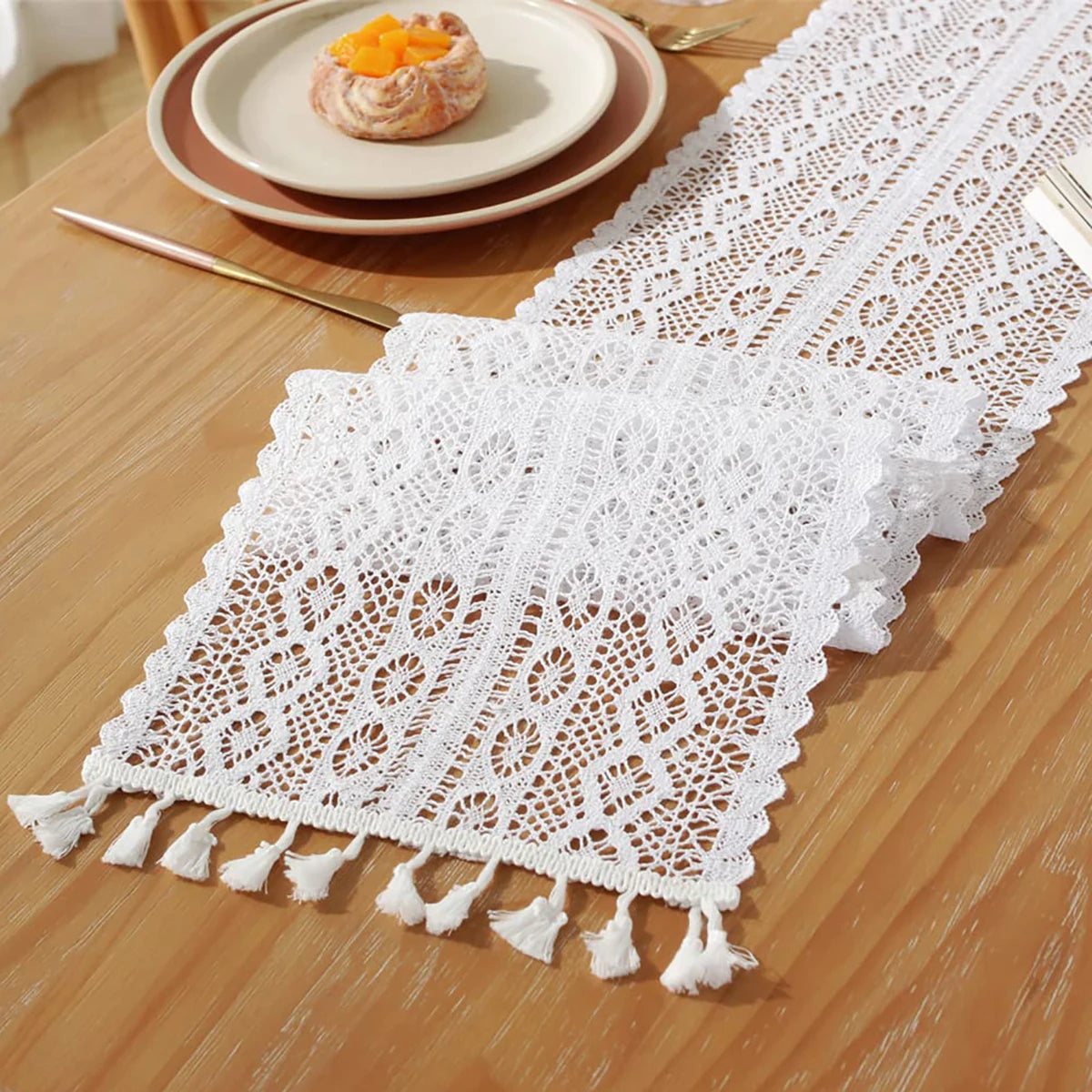 Cotton Lace Boho Beige Table Runner Farmhouse Style Vintage Home Bridal Shower Country Wedding Party Coffee Dining Table Decor | 2