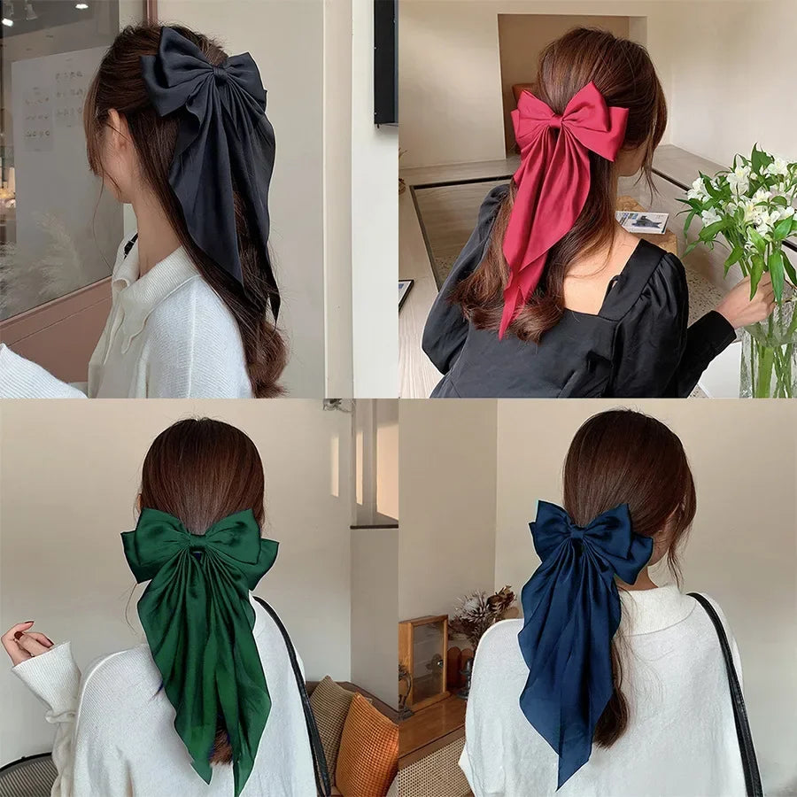 Korean Accessories Hair Clips for Women Girls Big Bowknot Solid Satin Long Ribbon Bows Spring Clamp Barette Cheveux Femme 2023 | 3