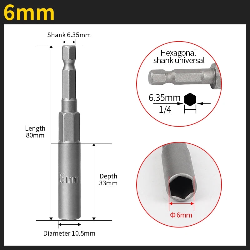 Length Deepen Impact Socket Adapter 5.5-19mm Power Nut Driver Socket Set 1/4-inch Hex Shank Screwdriver Key Head Hand Tool Set | Color:6mm