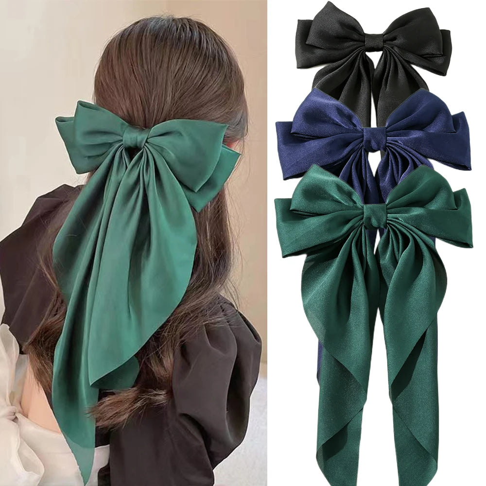 Korean Accessories Hair Clips for Women Girls Big Bowknot Solid Satin Long Ribbon Bows Spring Clamp Barette Cheveux Femme 2023 | Color:S7-3PCS
