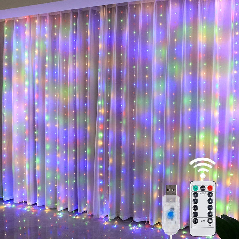 Christmas Lights LED Fairy String Curtain Lights 8 Mode Remote USB Festoon Christmas Decor For Home Holiday New Year Lamp | Emitting Color:Multicolor lights