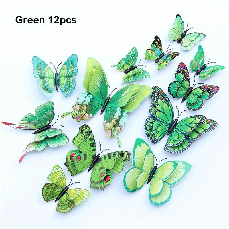 12pcs 3D Double Layer Butterflies Wall Stickers Living Room Decor Wedding Kids Room Decoration DIY Wall Art Magnet Stickers | Color:green