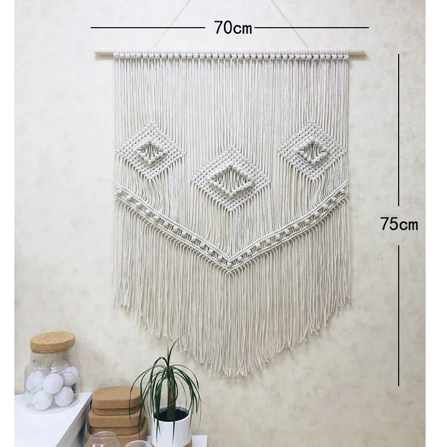 Large Macrame Wall Hanging Tapestry with Wooden Stick Hand-Woven Bohemia Tassel Curtain Tapestry Wedding Backgrou Boho Decor | Color:Z015