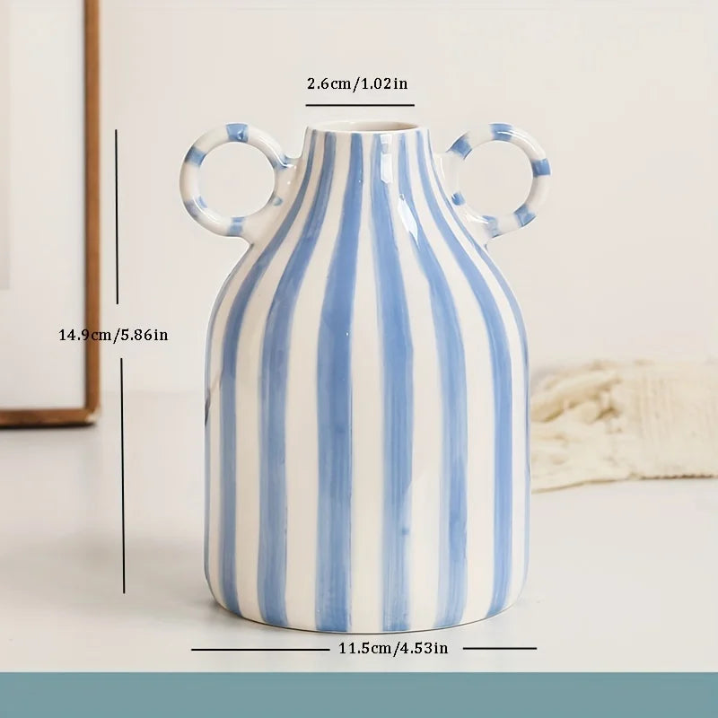 Hand-Painted Ceramic Vase with Dual Handles - Striped, Cylinder Design for Living Room Decor, Earthenware, Decorative Ornaments | Color:blue