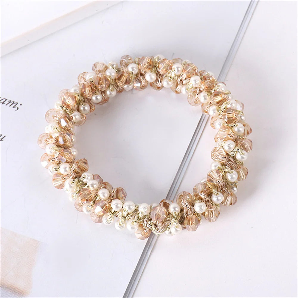 Crystal Hair Ties Boho Elastic Hair Scrunchies Pearl Hair Ropes Bead Ponytail Holders Hair Accessories For Women and Girls | Color:A2-a-SP028-E