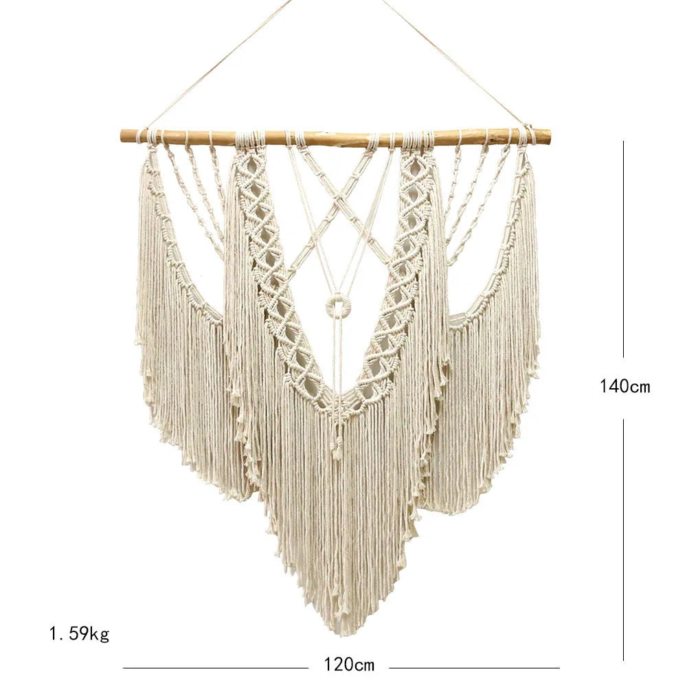 Large Macrame Wall Hanging Tapestry with Wooden Stick Hand-Woven Bohemia Tassel Curtain Tapestry Wedding Backgrou Boho Decor | Color:Z154