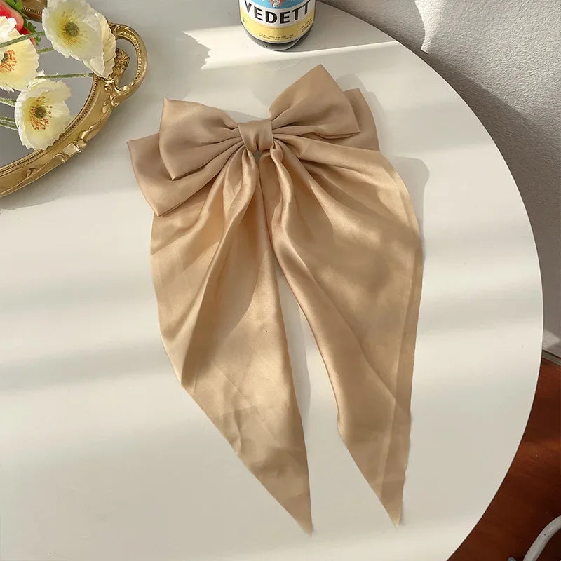 Korean Accessories Hair Clips for Women Girls Big Bowknot Solid Satin Long Ribbon Bows Spring Clamp Barette Cheveux Femme 2023 | Color:Khaki