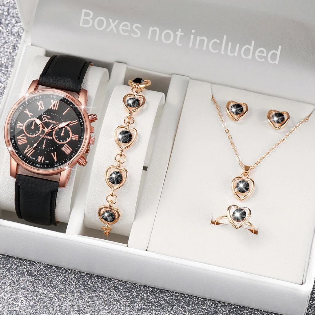 5/6PCS Fashion Women's Quartz Watch Leather Band Analog Wrist Watches Heart Rhinestone Jewelry Set(Without Box) | 2