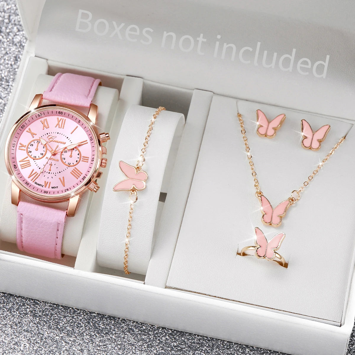 5/6PCS Fashion Women's Quartz Watch Leather Band Analog Wrist Watches Heart Rhinestone Jewelry Set(Without Box) | Color:C Without Box