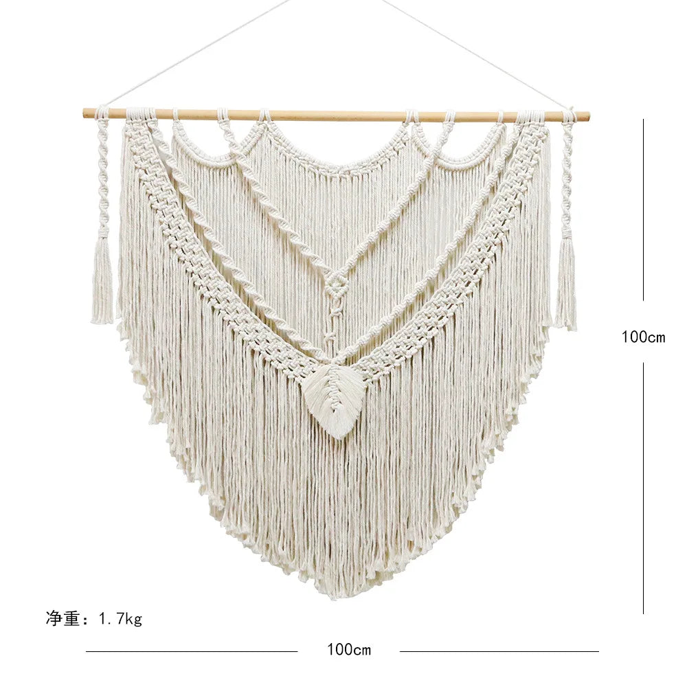 Large Macrame Wall Hanging Tapestry with Wooden Stick Hand-Woven Bohemia Tassel Curtain Tapestry Wedding Backgrou Boho Decor | Color:Z187