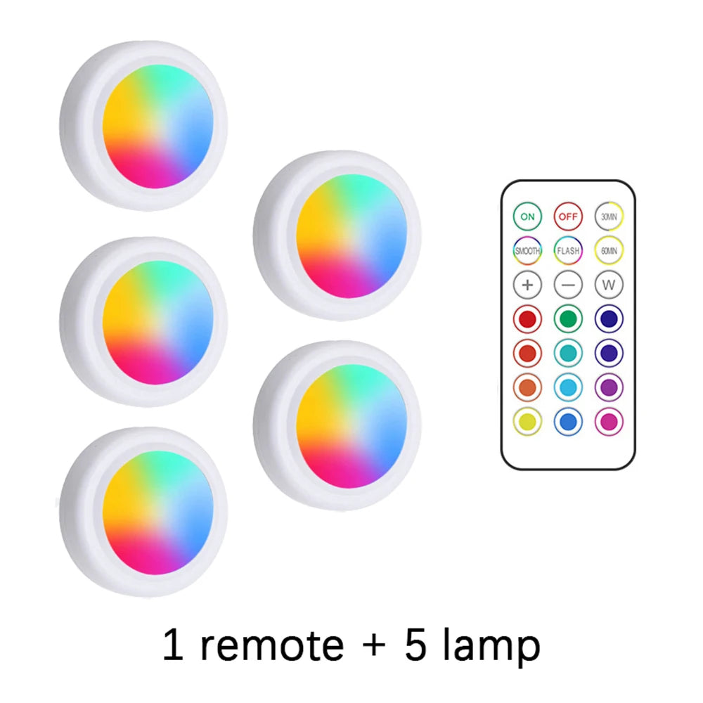 RGB LED Under Cabinet Lights with Remote Control Battery Powered Wireless Dimmable Night Lamp LED Lights for Home Wardrobe Light | Color:1 remote 5 lights