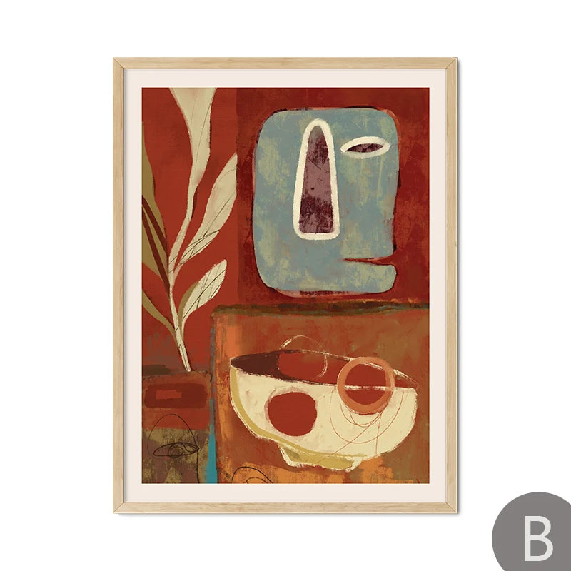 Abstract Thistles Marbled Garden Revival Stallion Terracotta Line Decor Painting Canvas Wall Art Print Poster Picture LivingRoom | Color:B