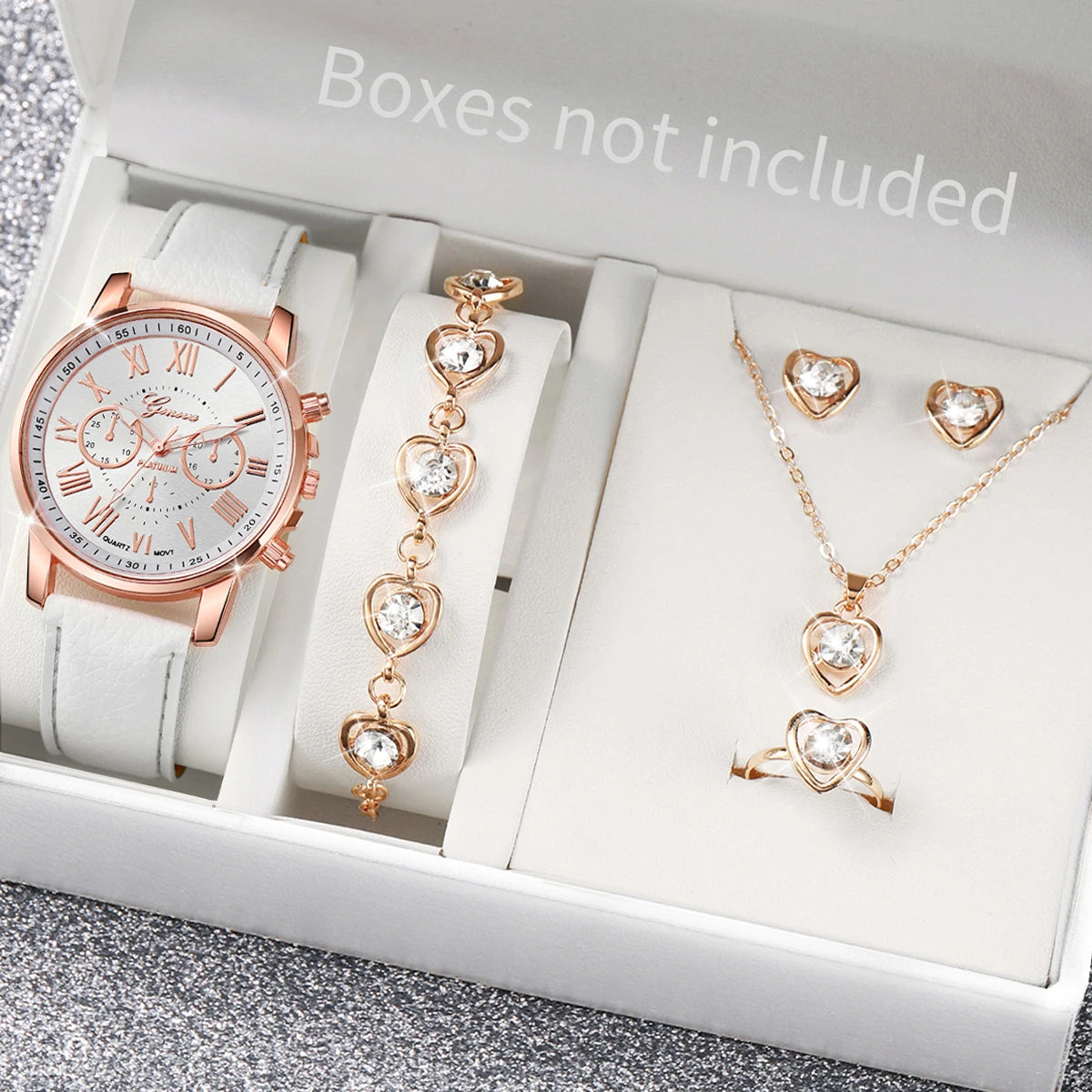 5/6PCS Fashion Women's Quartz Watch Leather Band Analog Wrist Watches Heart Rhinestone Jewelry Set(Without Box) | Color:White Set No Box