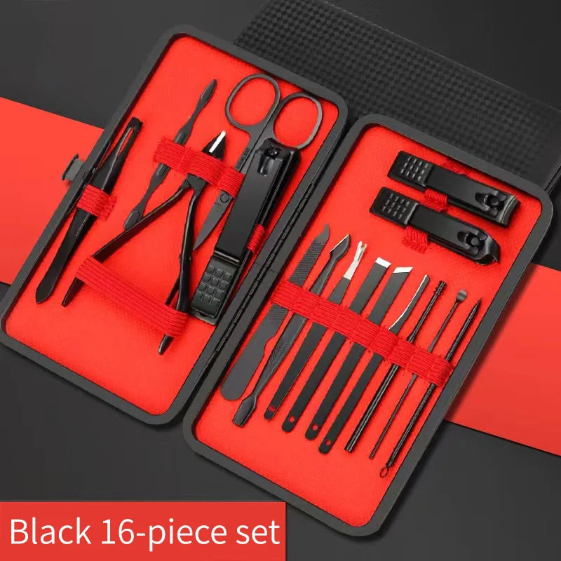 Nail Clipper Set Set Convenient Beauty Tools Nail Clipper Manicure Nail Trimmer Pedicure Knife Ear Peeling Knife Nail Manicure T | Color:Black 16 pieces set