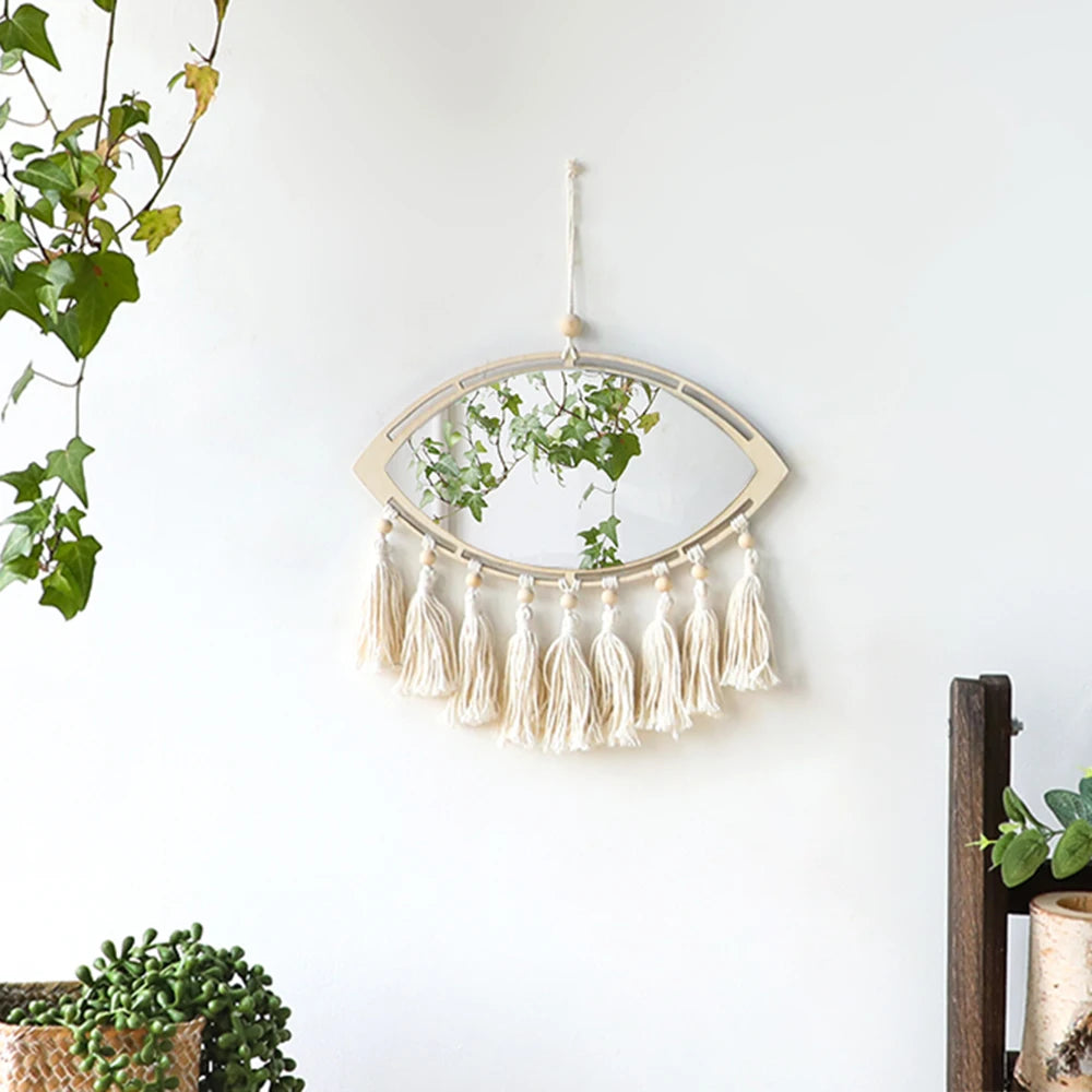 Macrame Mirror Eye Decorative Mirrors Wooden Home Wall Decor Boho Evil Eye Makeup Mirror Bedroom Living Room Tassel Decoration | Color:mirror M01169