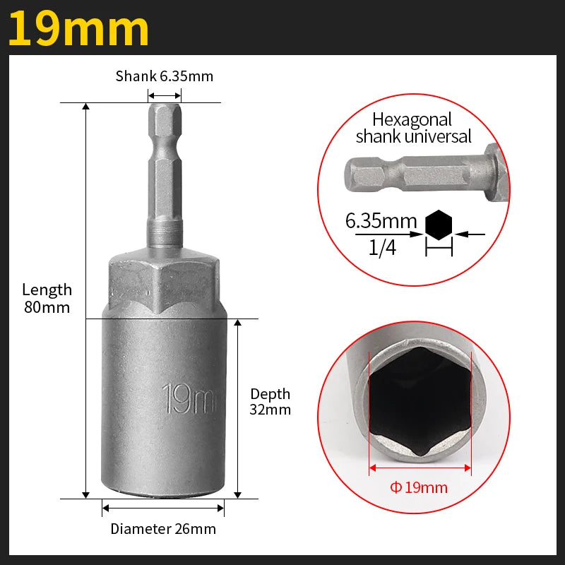 Length Deepen Impact Socket Adapter 5.5-19mm Power Nut Driver Socket Set 1/4-inch Hex Shank Screwdriver Key Head Hand Tool Set | Color:19mm