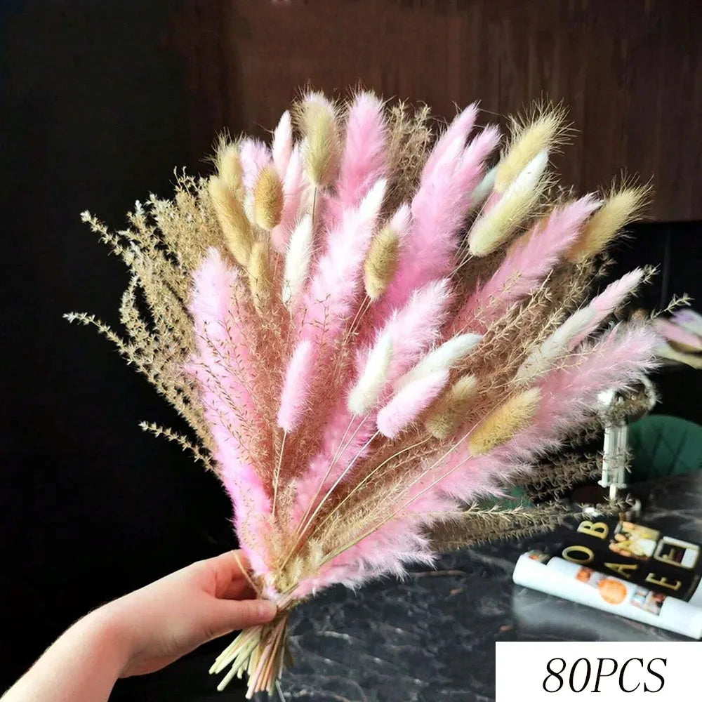Pink White Dried Flowers Mariage Bouquet Centerpieces for Weddings Natural Pampas Grass Real Gypsophile Nordic Boho Home Decor | Color:C