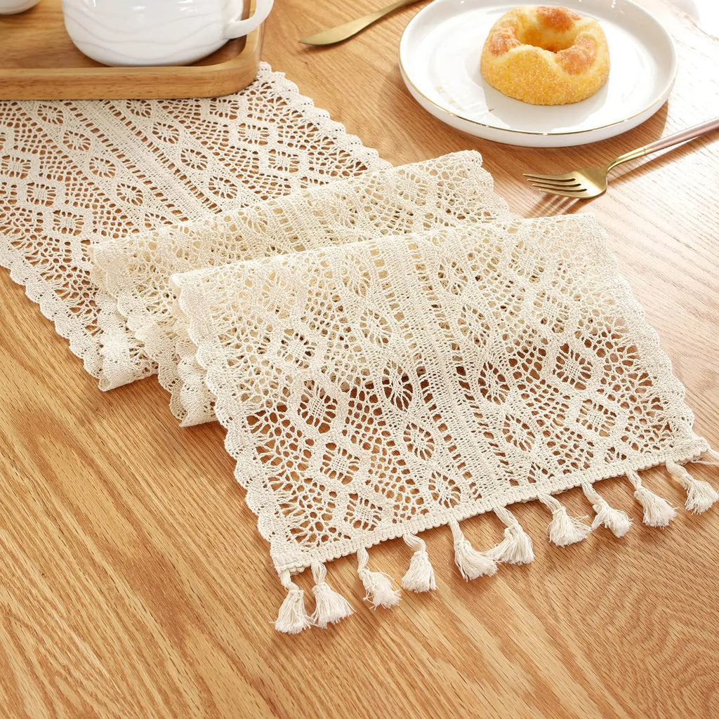 Cotton Lace Boho Beige Table Runner Farmhouse Style Vintage Home Bridal Shower Country Wedding Party Coffee Dining Table Decor | Color:Beige