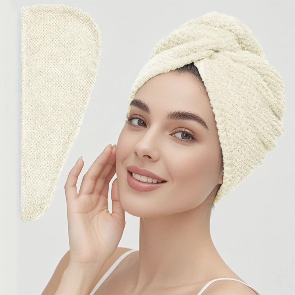 Solid color hair towel Textured dry hair cap 9.8 "X 25.5" absorbent hair towel wrap for button-down women | Color:Beige-up