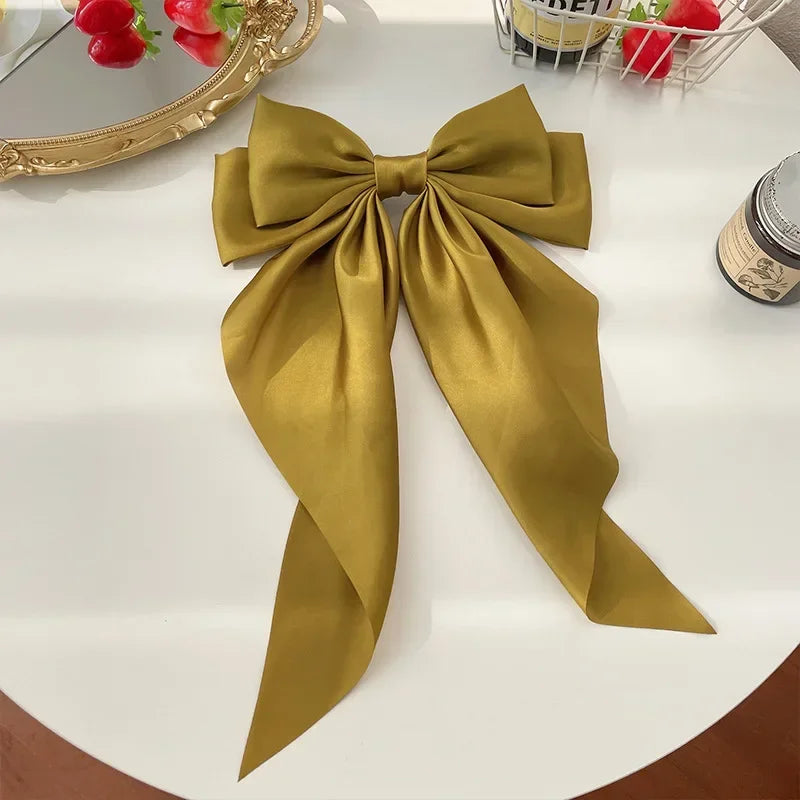 Korean Accessories Hair Clips for Women Girls Big Bowknot Solid Satin Long Ribbon Bows Spring Clamp Barette Cheveux Femme 2023 | Color:Yellow Green