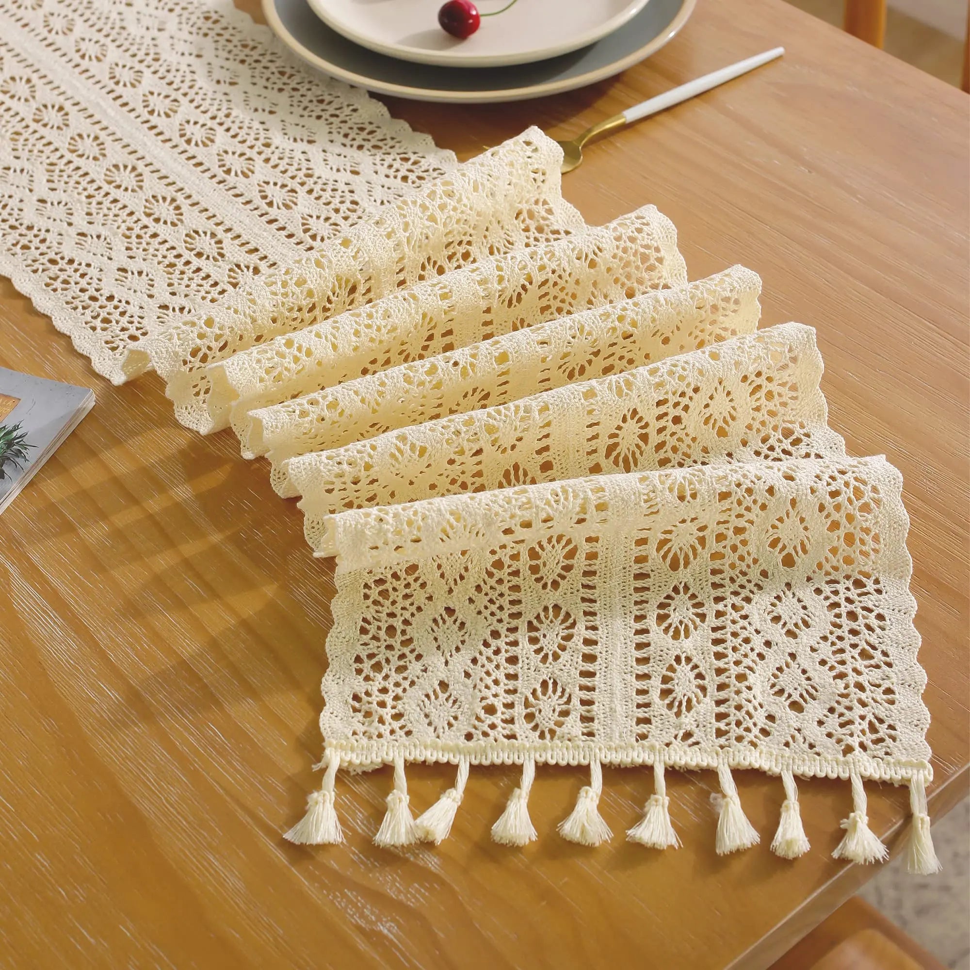 Cotton Lace Boho Beige Table Runner Farmhouse Style Vintage Home Bridal Shower Country Wedding Party Coffee Dining Table Decor | 1