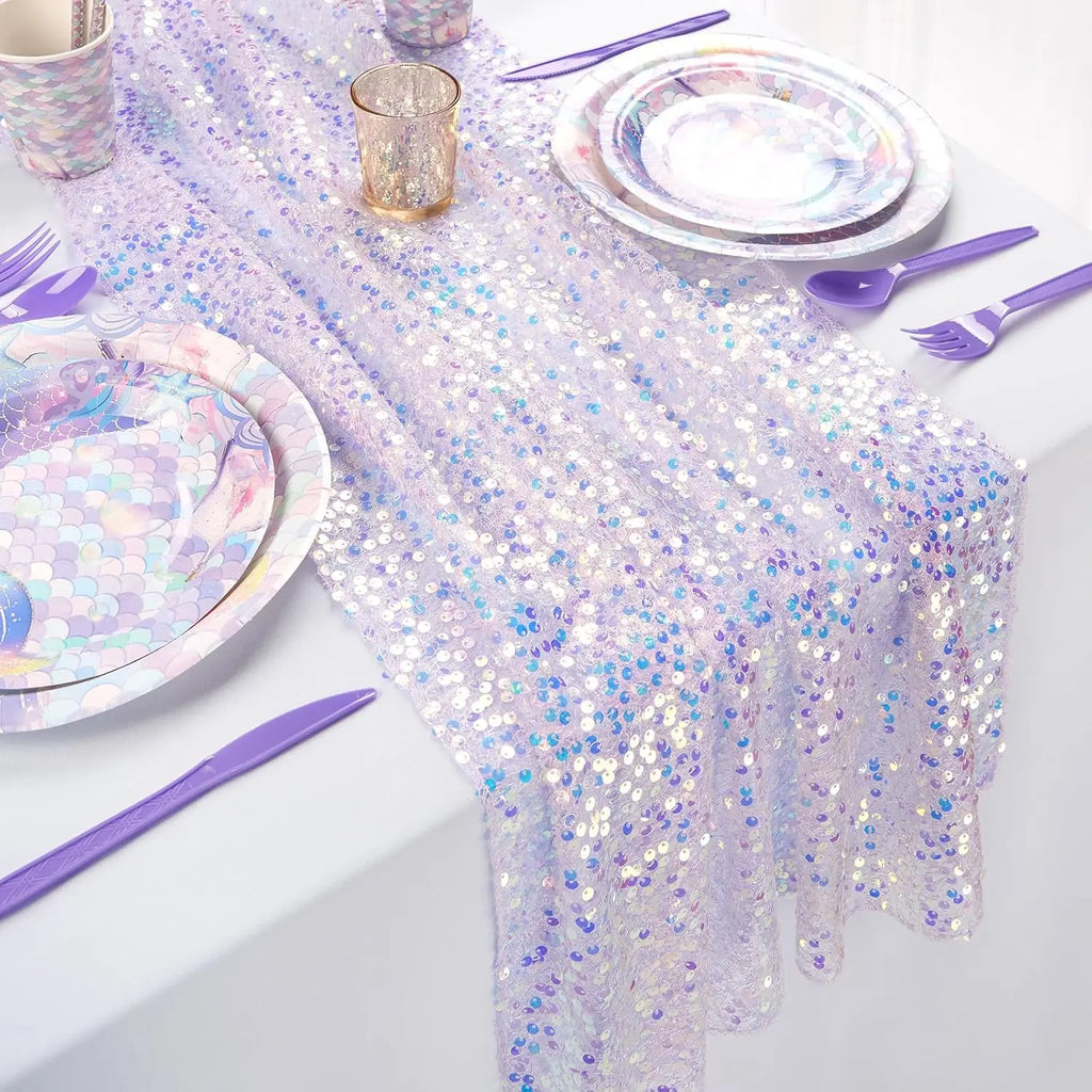 Sequin Iridescent Table Runner Boho Table Runners Glitter Sequin Tablecloth for Party Wedding Summer Mermaid Birthday Decoration | Color:Purple