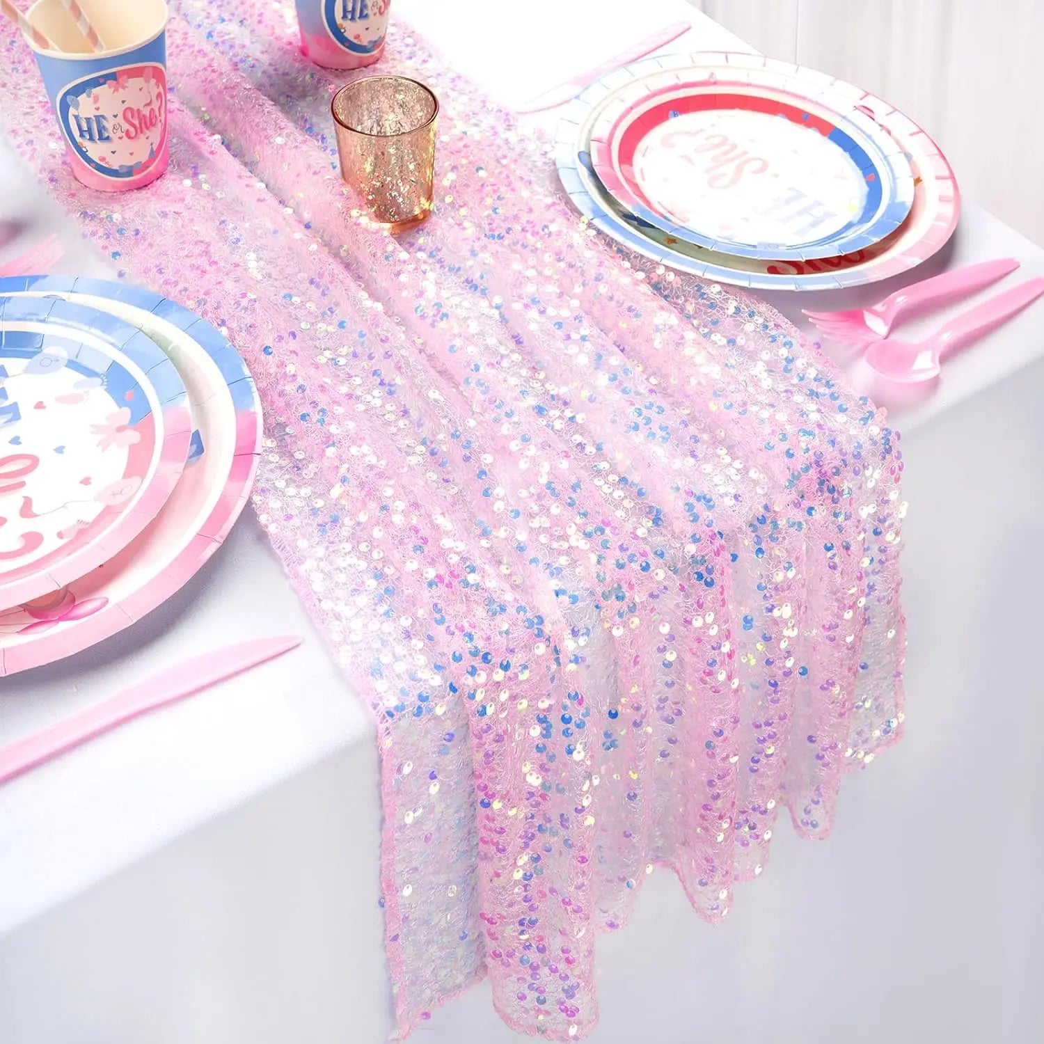 Sequin Iridescent Table Runner Boho Table Runners Glitter Sequin Tablecloth for Party Wedding Summer Mermaid Birthday Decoration | Color:light pink