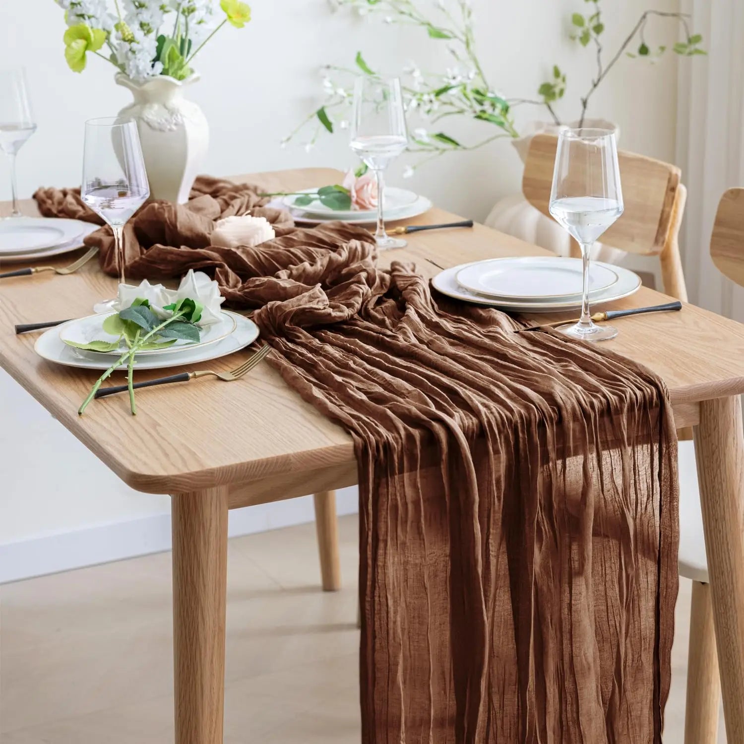 90x300cm Brown Cheesecloth Table Runners Boho Sheer Tablecloth for Wedding Shower Birthday Bridal Party Home Dinning Decoration | 5