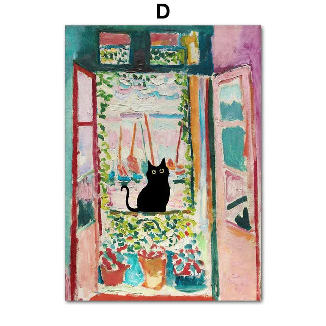 Funny Art Matisse Monet Black Cat Van Gogh Sunflowers Canvas Painting Posters and Prints Wall Pictures for Living Room Decor | Color:D