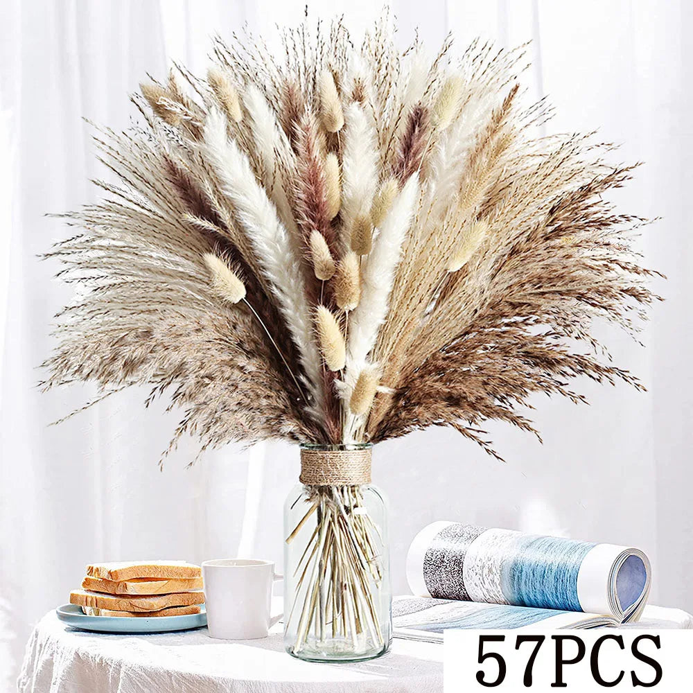 40 Pieces Dried Pampas Reeds Palm Leaves Bundle Boho Chic Home Decor Natural Flowers Baby's Breath Bouquets Country Arrangement | Color:B