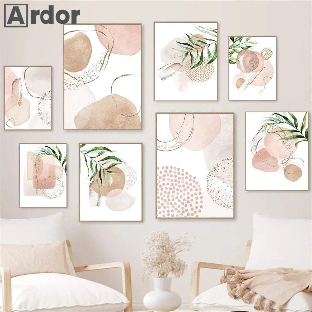 Modern Abstract Beige Pink Geometric Green Leaf Minimalist Poster Canvas Painting Boho Wall Art Print Pictures Living Room Decor | 3