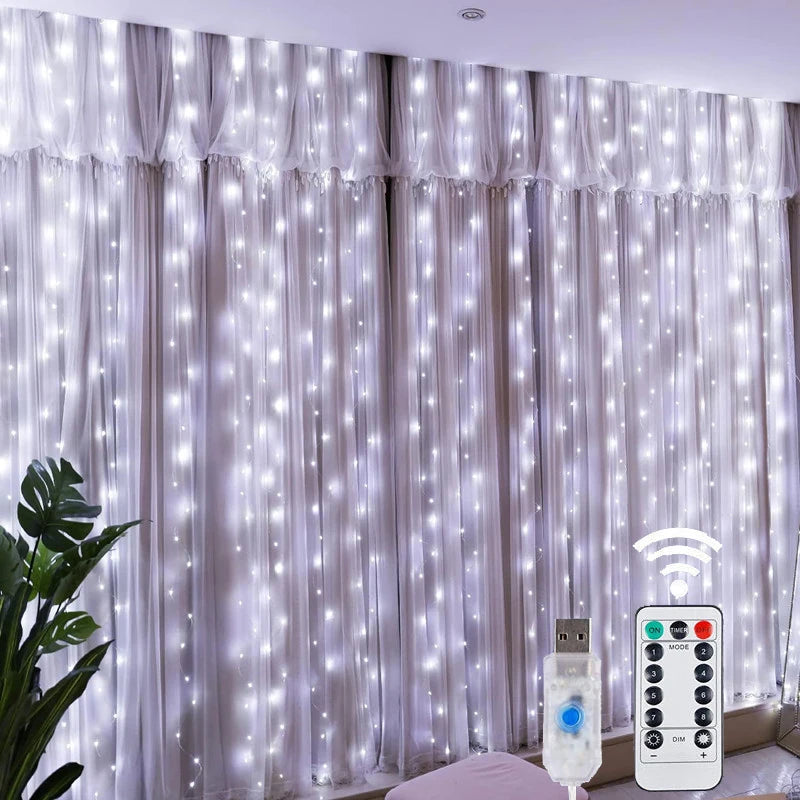 Christmas Lights LED Fairy String Curtain Lights 8 Mode Remote USB Festoon Christmas Decor For Home Holiday New Year Lamp | Emitting Color:White  lights