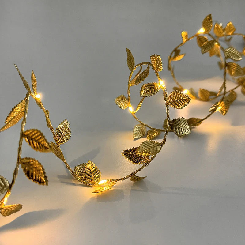 2M 20LED Golden Leaves String Fairy Lights For Wedding Birthday Party Decoration Home Garden Artificial Plant Garland Vine Light | 2