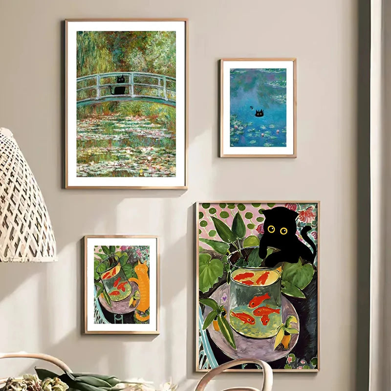 Funny Art Matisse Monet Black Cat Van Gogh Sunflowers Canvas Painting Posters and Prints Wall Pictures for Living Room Decor | 1