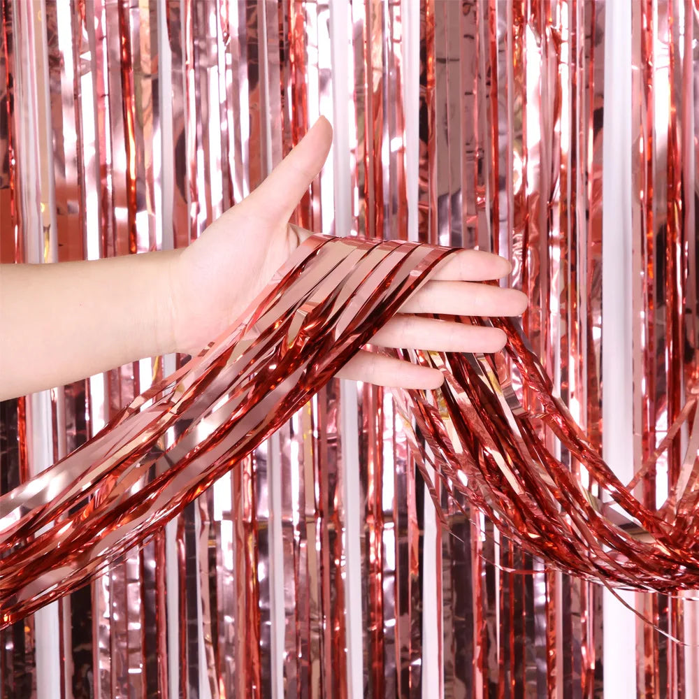 2/3M Party Background Wedding Decoration Foil Fringe Curtain Sequin Bachelorette Photo Backdrop Wall Curtain Birthday BabyShower | Color:Glossy Rose Gold