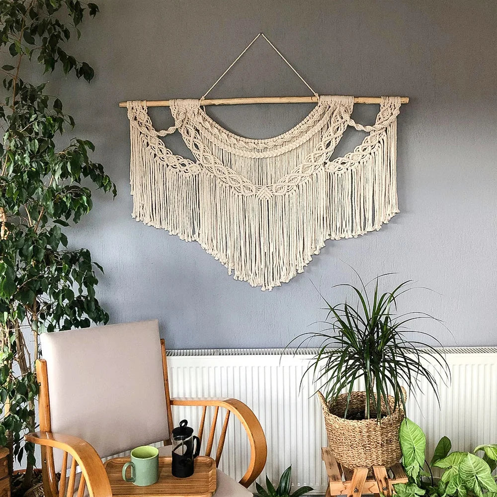 Large Macrame Wall Hanging Tapestry with Wooden Stick Hand-Woven Bohemia Tassel Curtain Tapestry Wedding Backgrou Boho Decor | 2