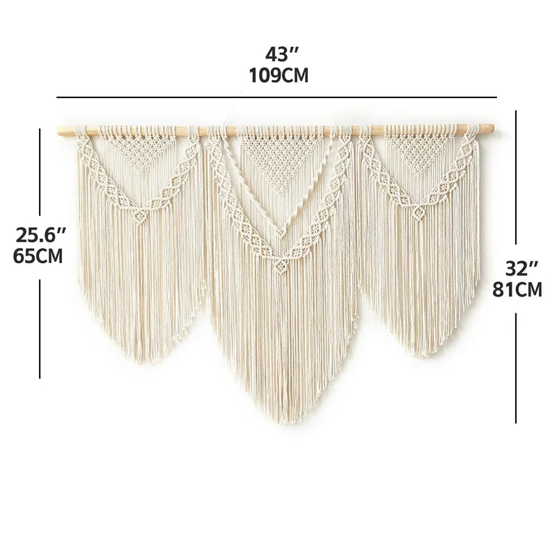 Large Macrame Wall Hanging Tapestry  with  Wooden Stick Hand-Woven Bohemia Tassel Curtain Tapestry  Wedding Backgrou Boho Decor | Color:B with wooden stick