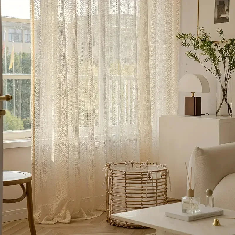 1PC Boho Style Jacquard Warp Knitted Lace Tulle Curtains For Living Room,Beige Vintage Geometric Drapes for the Bedroom Decor | 3