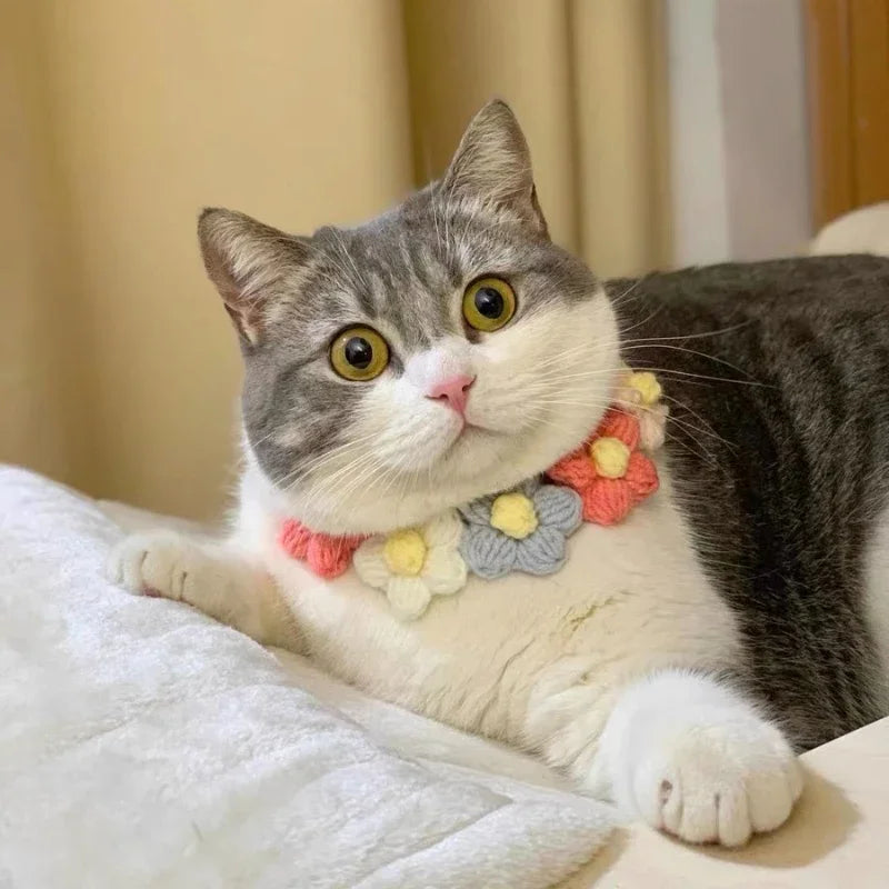 Cute Ins Style Cat Dog Knitted Collar Crochet Flowers Collar Pet Drool Scarf Bib Pet Necklace Accessories Pure Hand Knitting | 1