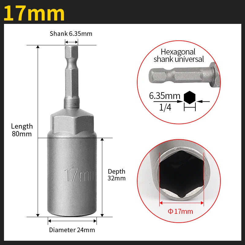 Length Deepen Impact Socket Adapter 5.5-19mm Power Nut Driver Socket Set 1/4-inch Hex Shank Screwdriver Key Head Hand Tool Set | Color:17mm