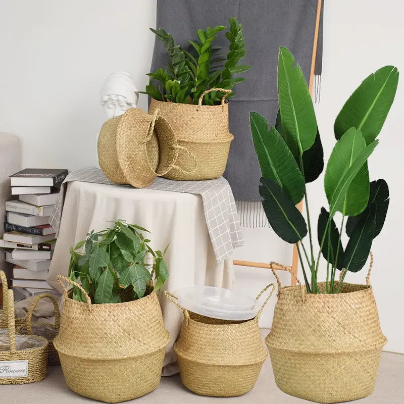 Seagrass Rattan Basket Foldable Wicker Organizer Handmade Plant Pot Laundry Bin Decorative Boho Style for Garden Home Decor | 5