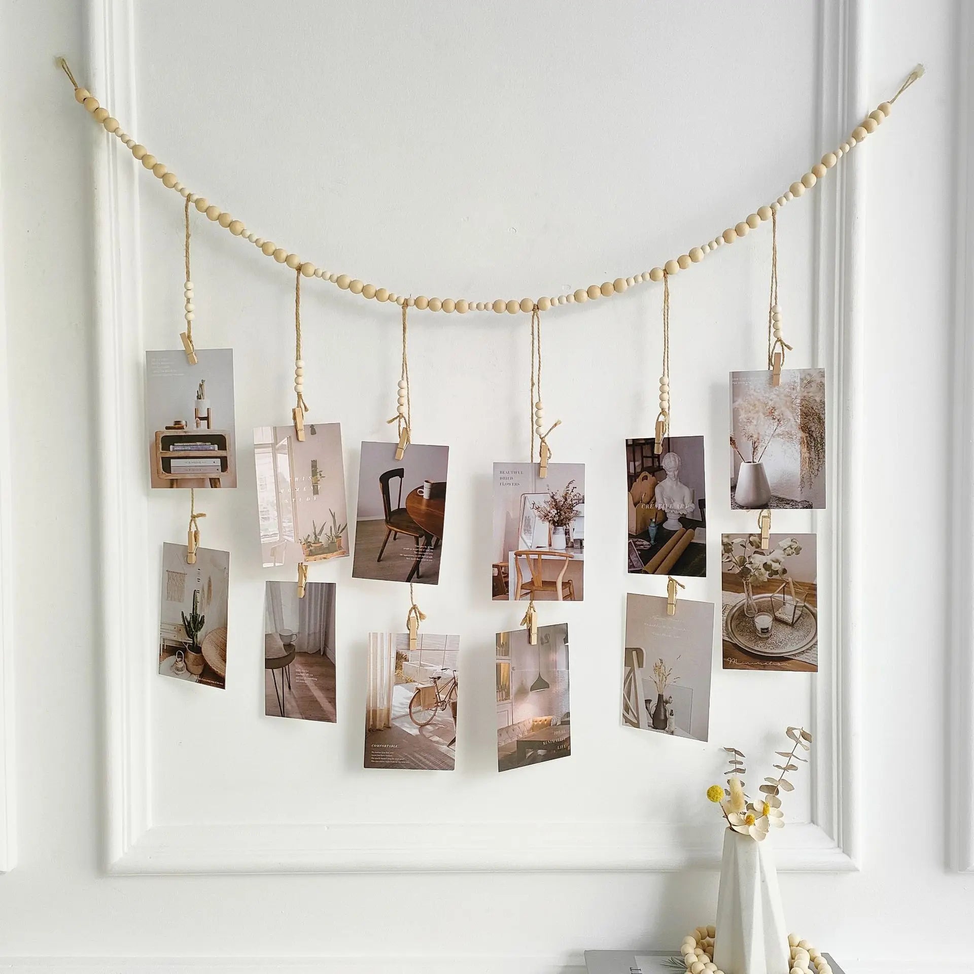 Hanging Photo Display Wooden Bead Garland Boho Wall Hanging for Bedroom Living Room Dorm Party Decor Teen Girl Gifts | Color:12 clips