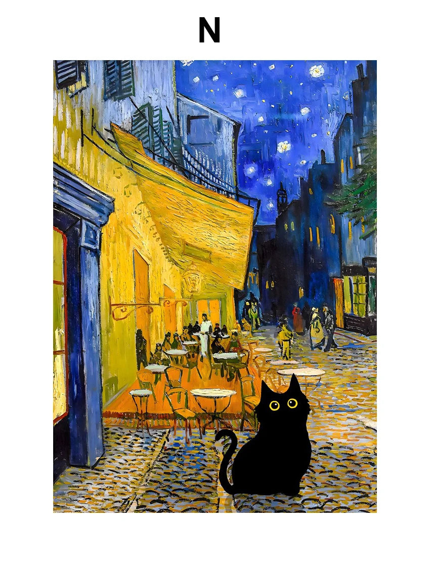 Funny Art Matisse Monet Black Cat Van Gogh Sunflowers Canvas Painting Posters and Prints Wall Pictures for Living Room Decor | Color:N