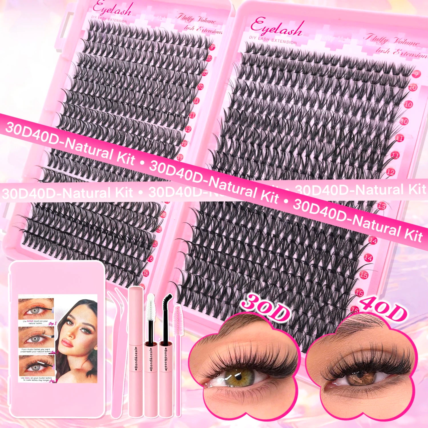 DIY Lash Extension Kit Clusters Individual Eyelashes Kit 9-16mm with Bond and Seal Wispy Natural Mange Lashes | Color:3040D